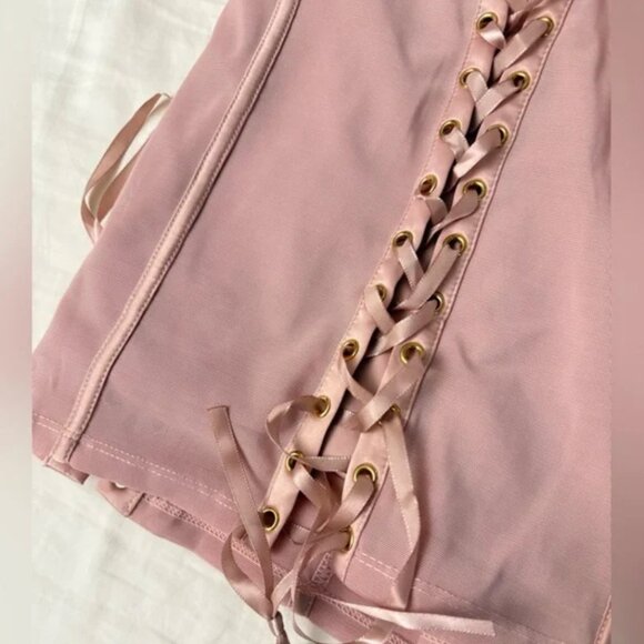 Oh Polly Emira Satin Lace-Up Corset Bandeau Micro Mini Dress 8 Mauve Bodycon - Picture 6 of 14